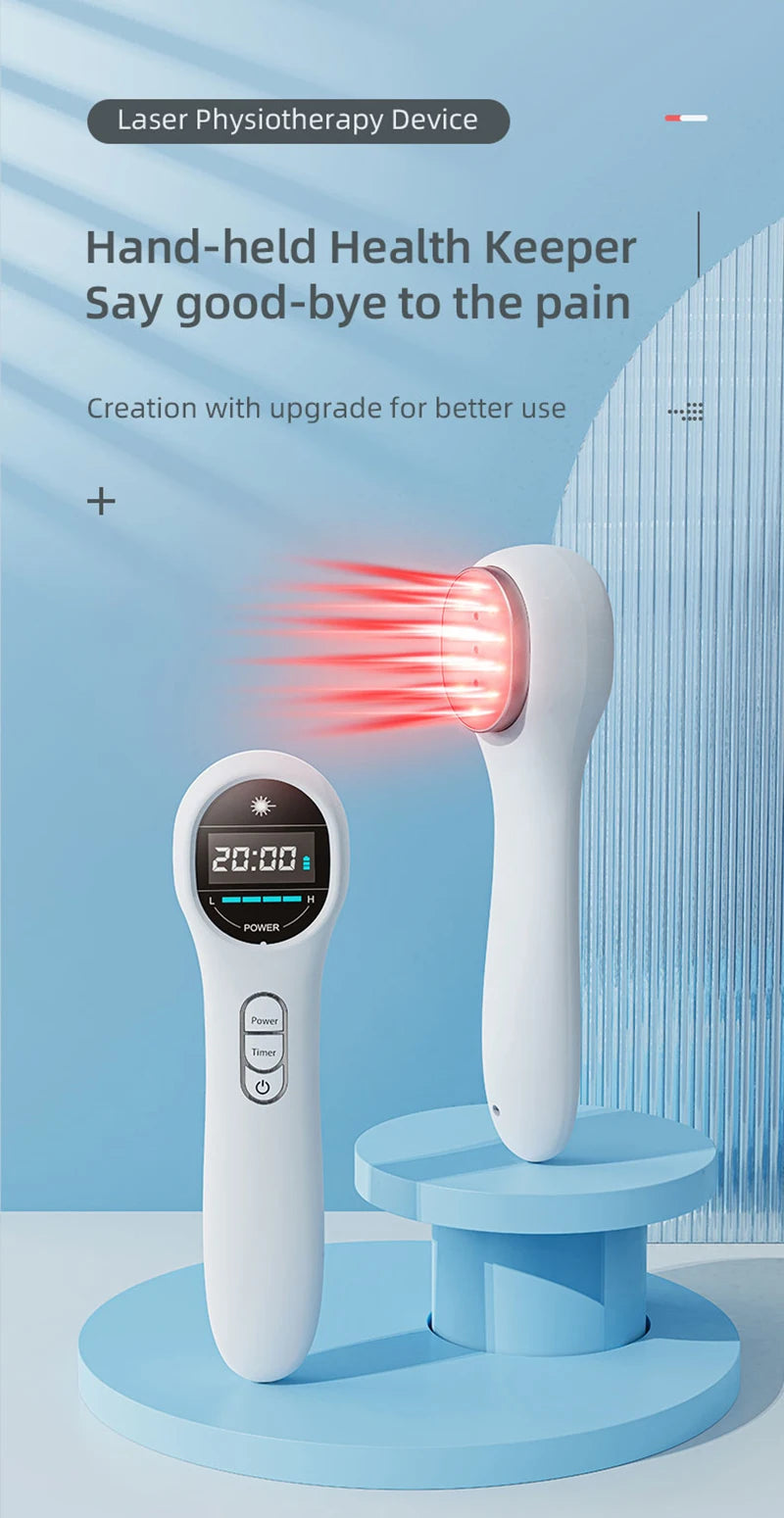 Handheld LLLT infrared red light therapy device with digital display for home pain relief and physical treatment.