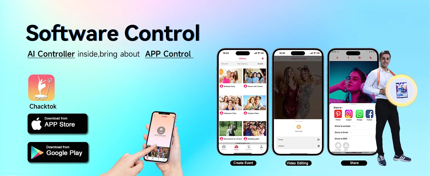 Chacktok app interface showing photo gallery, video editing, and social sharing features controlled via smartphone.