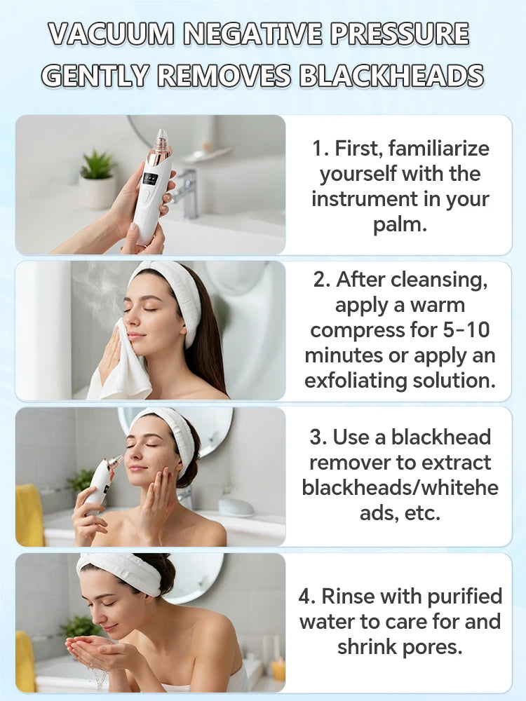 White and rose gold blackhead remover vacuum for facial deep pore cleansing and skincare routine steps.