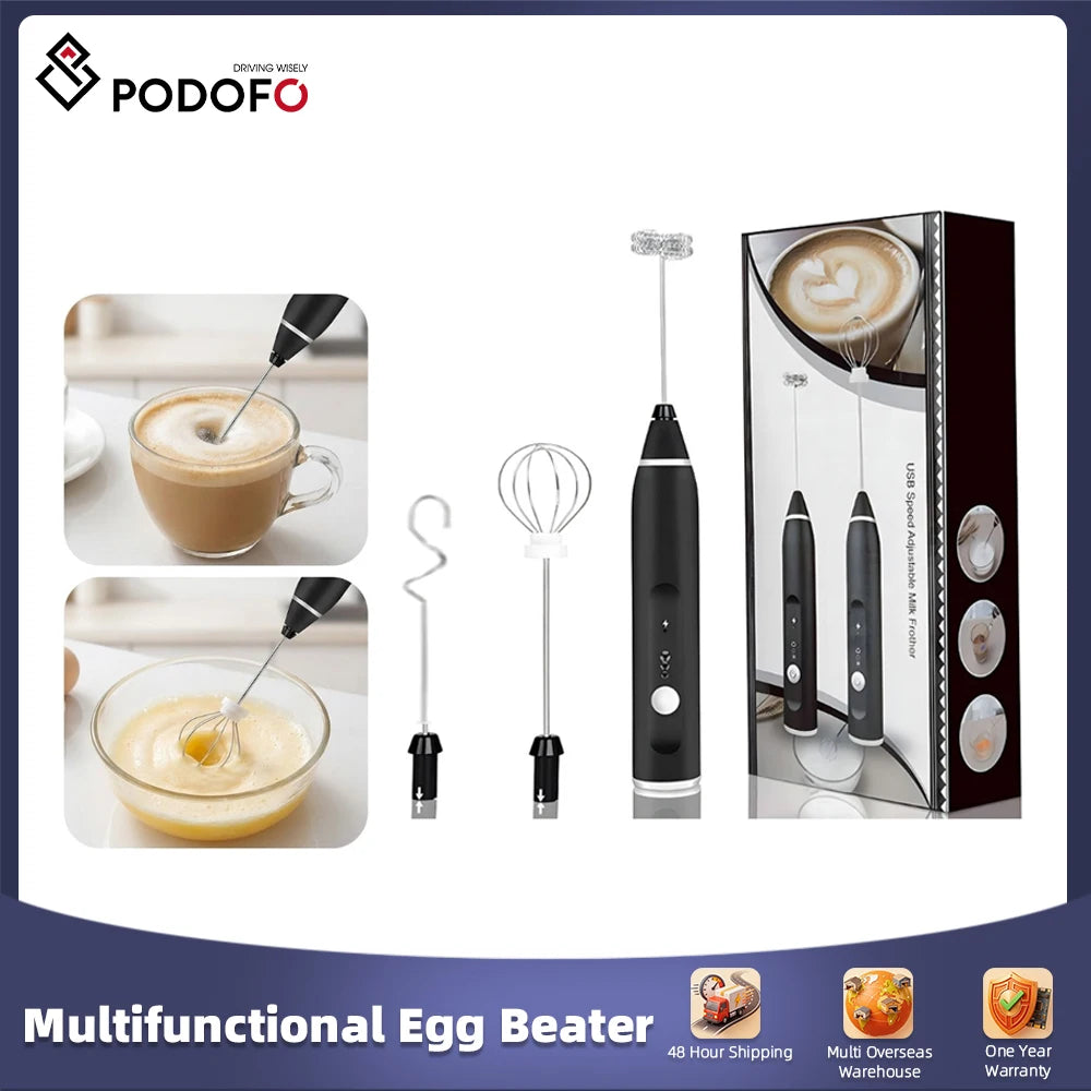 Podofo handheld black electric milk frother and egg beater set with three interchangeable stainless steel attachments.