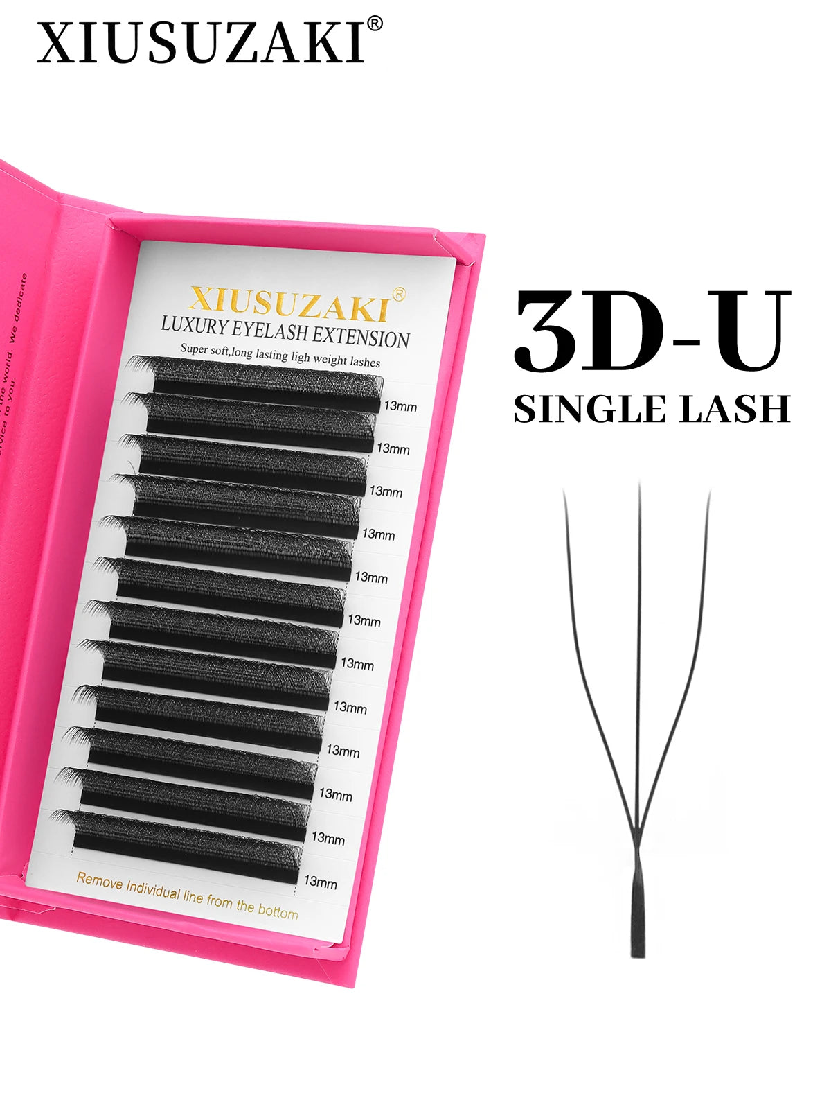 Black 3D-U eyelash extension strips in a pink storage case, with individual three-pronged lash segments labeled 13mm.