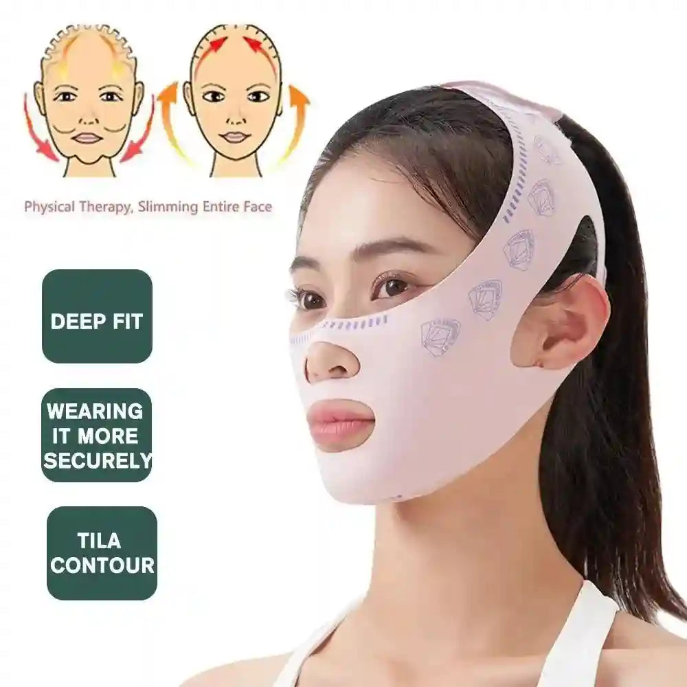 A person wears a light pink, fabric face-lifting compression mask with fan patterns and cutouts for the nose and mouth.