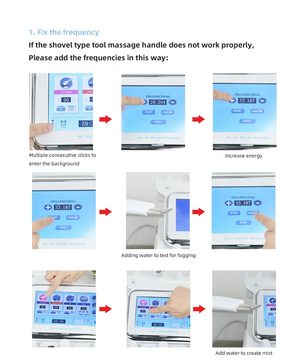 Tutorial for adjusting ultrasonic frequency and testing water fog on 7-in-1 professional hydro facial skin machine.