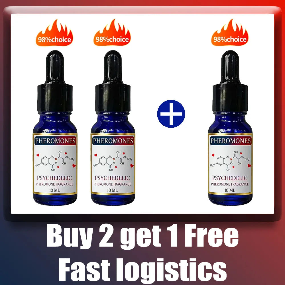 Strong Pheromone Psychedelic fragrance oil for men in 10ml blue glass dropper bottles for social events and dating.