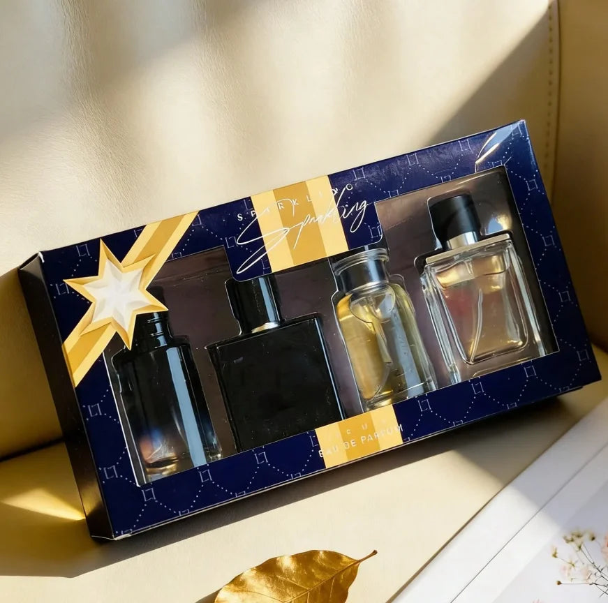 BOOS Men’s 4pc Sparkling EDP Gift Set, luxury lasting fragrance in elegant square and cylindrical glass perfume bottles.