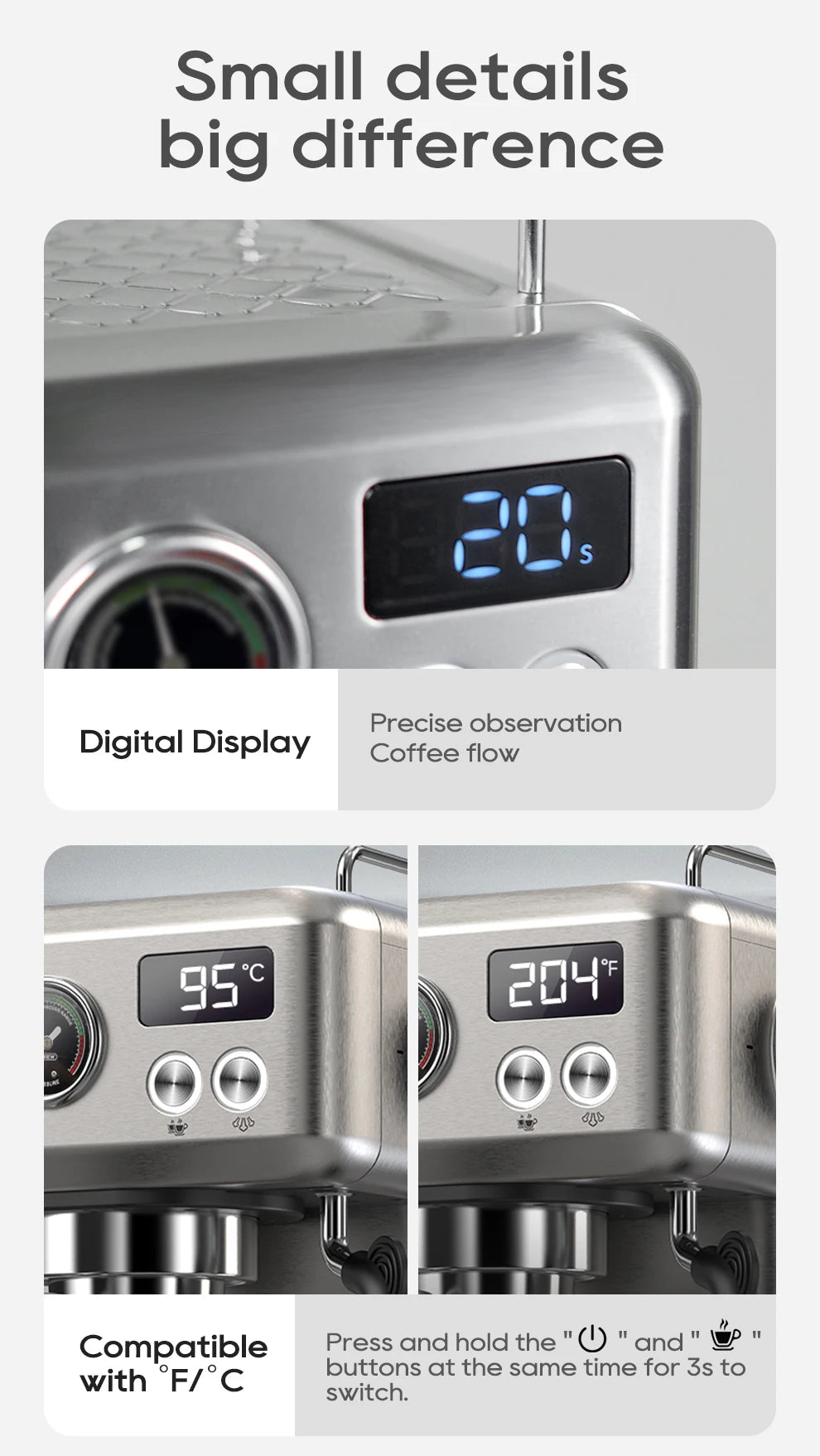 Stainless steel espresso machine close-up showing digital display, pressure gauge, and temperature settings in F/C.