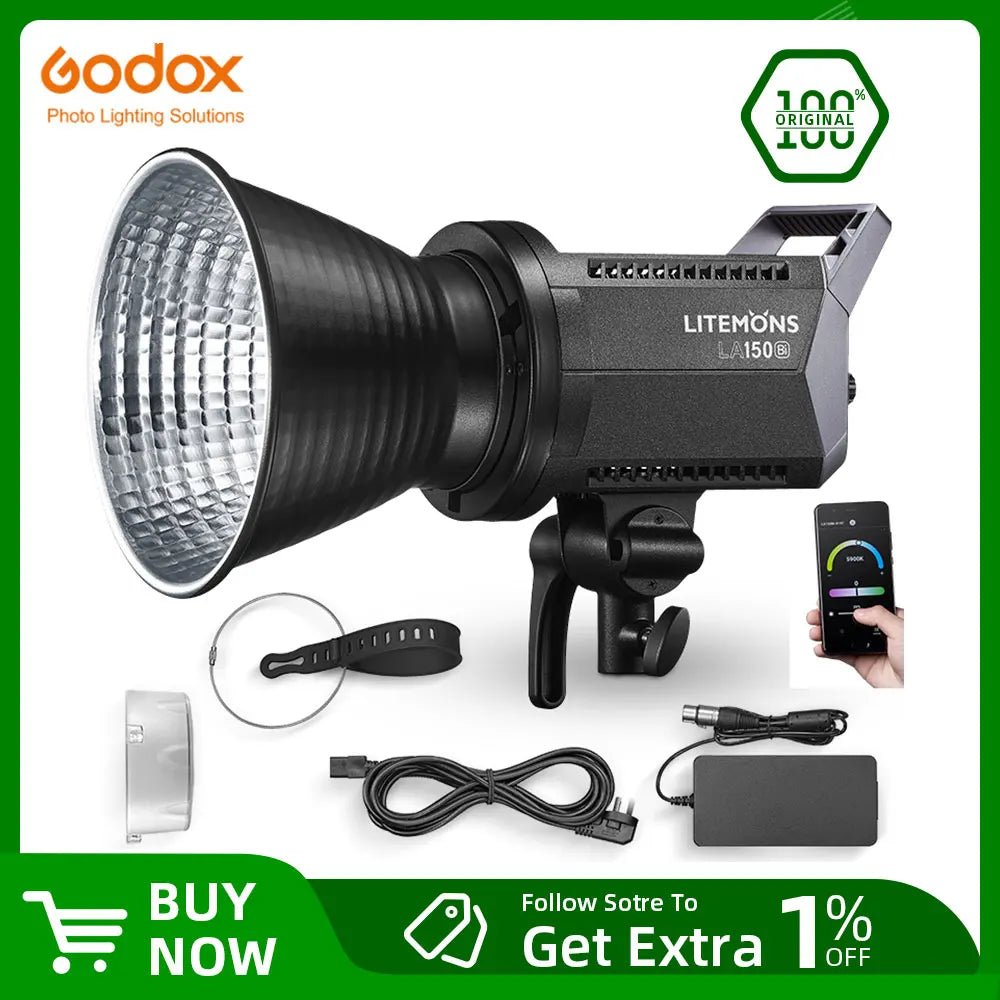 Litemons LA150Bi LED video light with reflector, power adapter, and cables for studio photography.