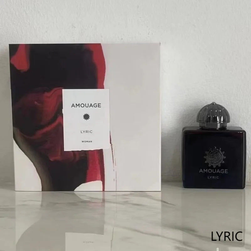 Amouage Lyric Woman EDP: 100ml dark glass bottle with dome cap, elegant floral-spicy feminine fragrance in gift box.