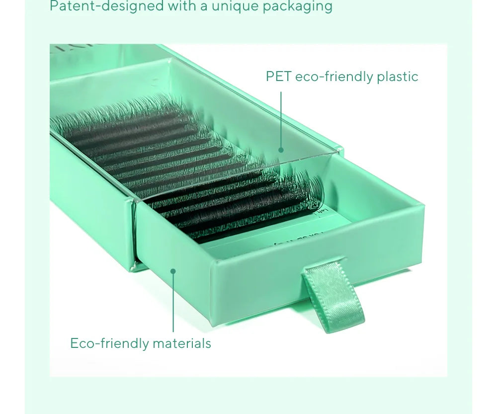 DIYDAY U-shaped faux mink eyelash extension fans in a pull-out mint green eco-friendly plastic tray.