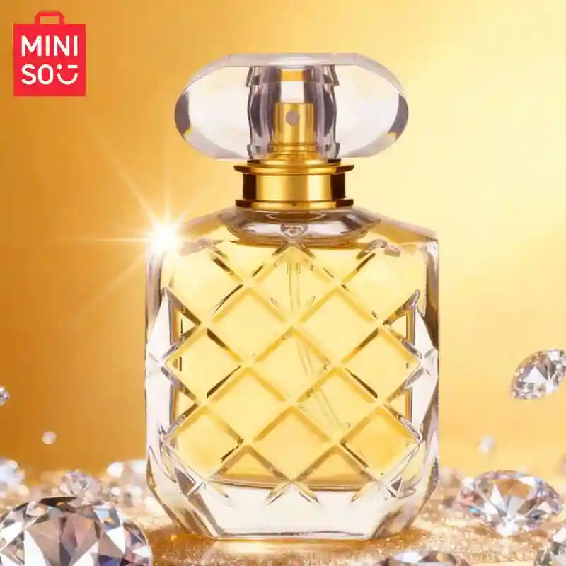 MINISO Glowing Happiness EDP: Floral Fruity women’s fragrance in a luxury diamond-quilted 50ml glass perfume bottle.