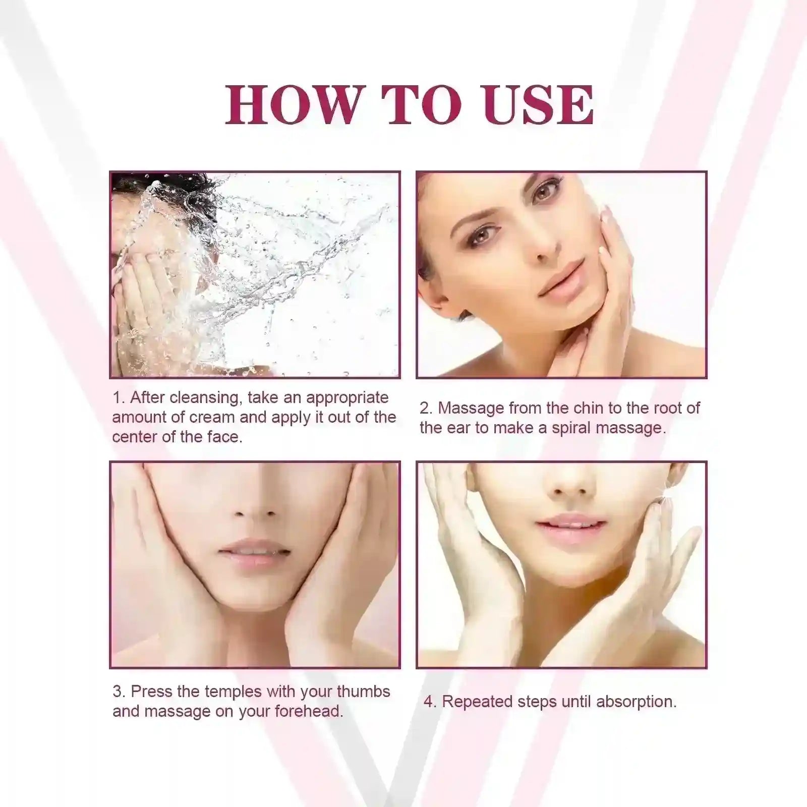 Four-step instructional graphic demonstrating V-Line lifting cream application with facial massage techniques.