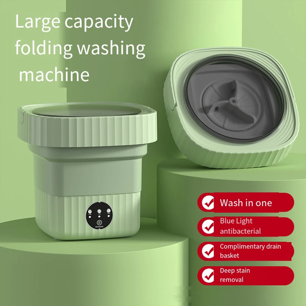 Light green folding automatic shoe washer with open lid and front control panel, listed options