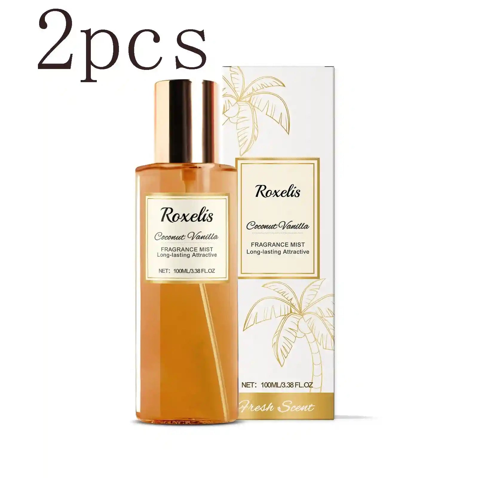 Roxelis Coconut Vanilla 2pc body mist set. Cylindrical glass bottle, long-lasting elegant women's niche fragrance.