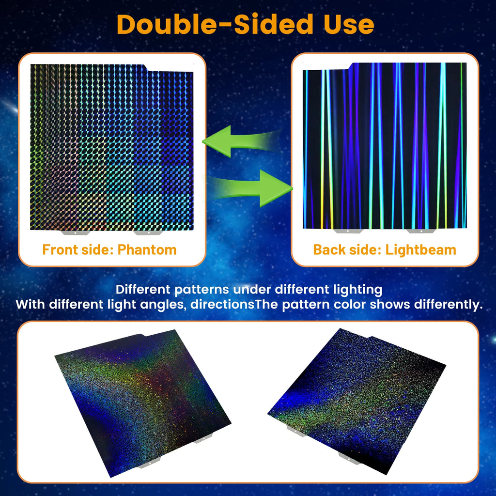 Double-sided 184x184mm PEY/PET build plate for Bambu Lab A1 Mini. Holographic textured steel sheet for custom 3D prints.