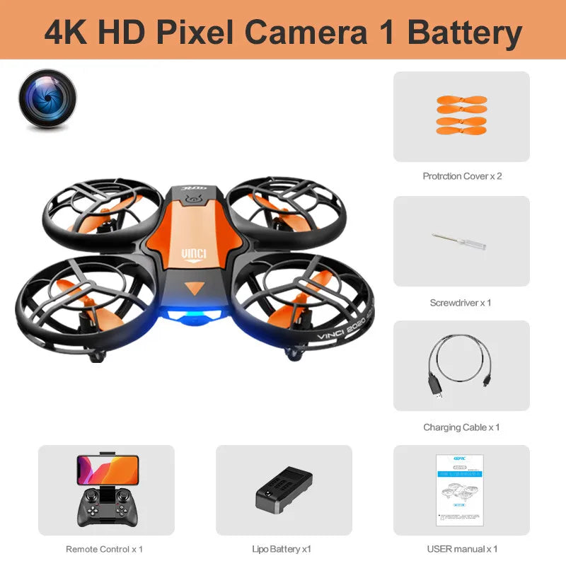 Black and orange quadcopter drone with 4K camera, remote control, spare parts, battery, and manual.