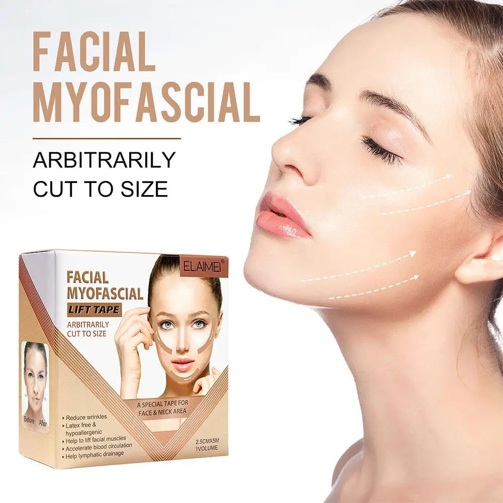 A box of Elaimei facial myofascial lift tape with diagrams showing its application to lift the face and neck.