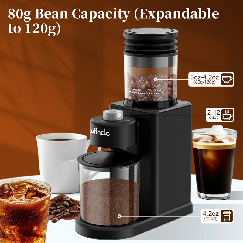 Wancle black electric coffee grinder with 80g-120g hopper capacity and adjustable grind settings for 2-12 cups.