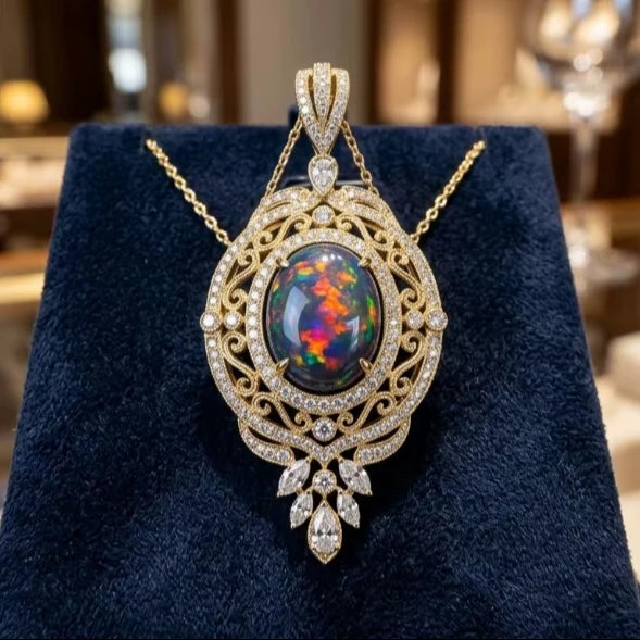 Christian European Style Flower Shape Dainty Pendant Necklace 18k Gold Plated Natural Black Opal Bridal 925 Sterling Silver