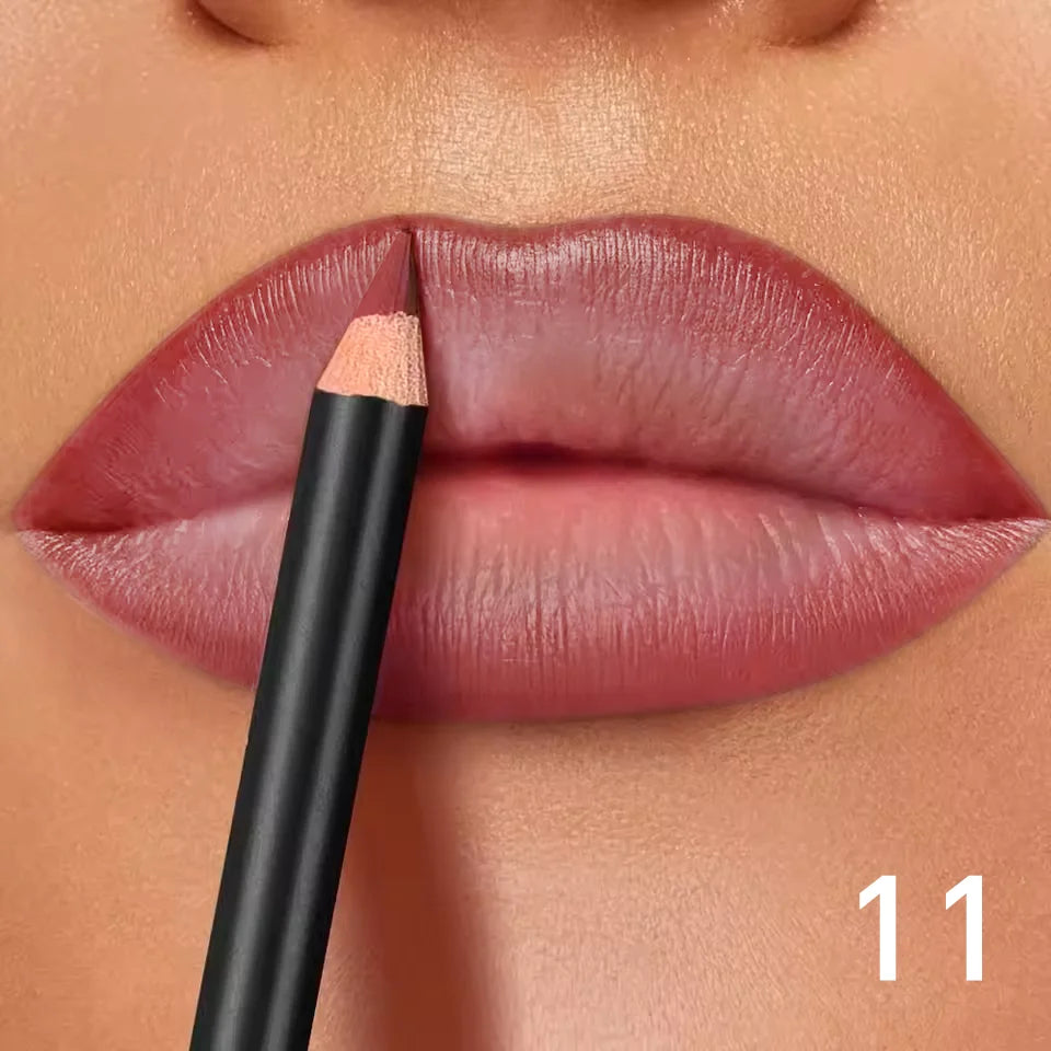 Waterproof matte lip liner pencil being applied to lips, creating a long-lasting, smooth, non-transfer matte finish.