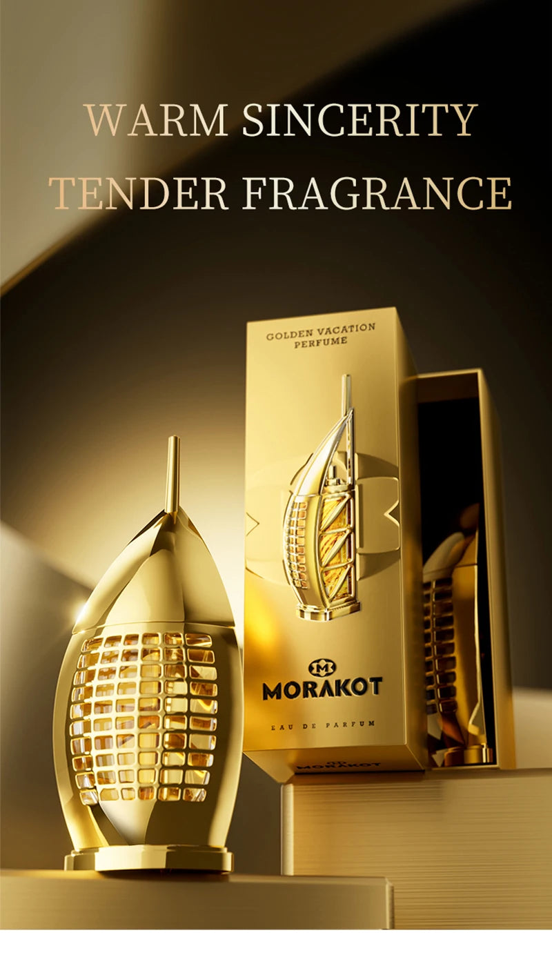 MORAKOT Golden Vacation EDP: Unisex 75ml perfume in a unique Burj Al Arab gold bottle design. Fresh, long-lasting scent.
