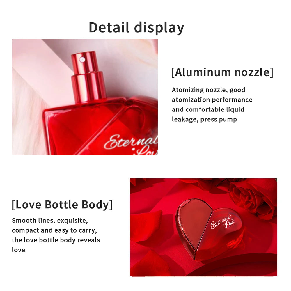 Eternal Love heart-shaped EDP for women: long-lasting fresh floral vegan spray in a red glass bottle with nozzle.
