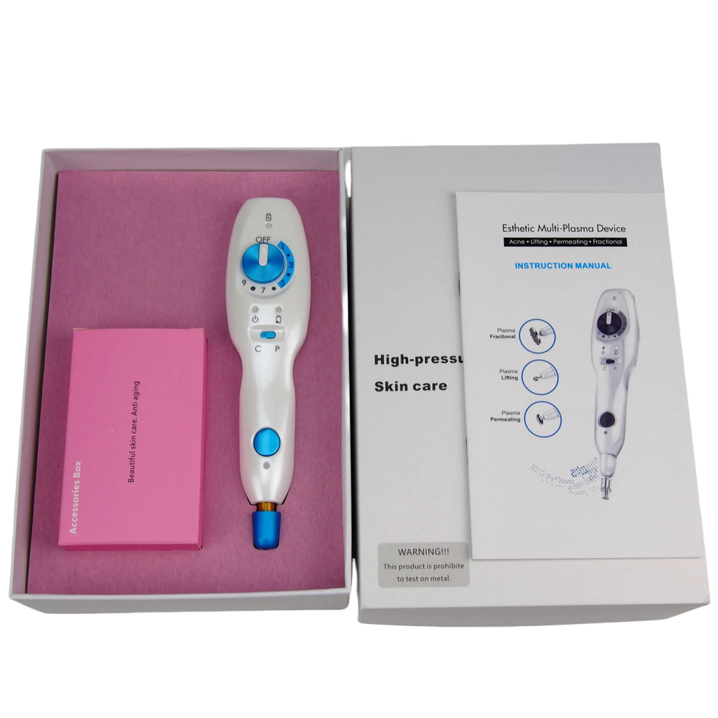 Wireless Plamax cold plasma skin tightening device for acne, blemish, and age spot removal in white and blue case.
