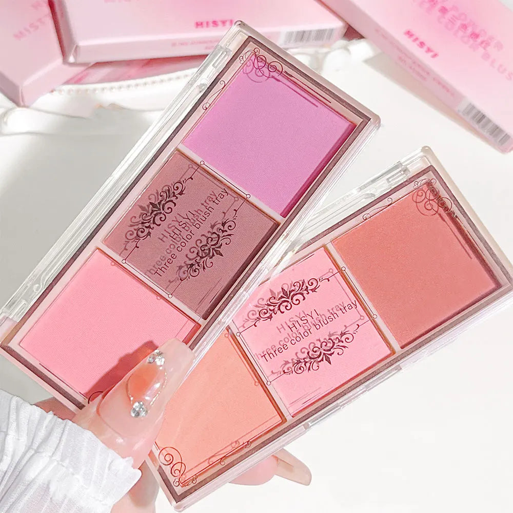 Tidesmit HISYI three-color matte blush texture close-up for natural buildable face makeup and vibrant glowing cheeks