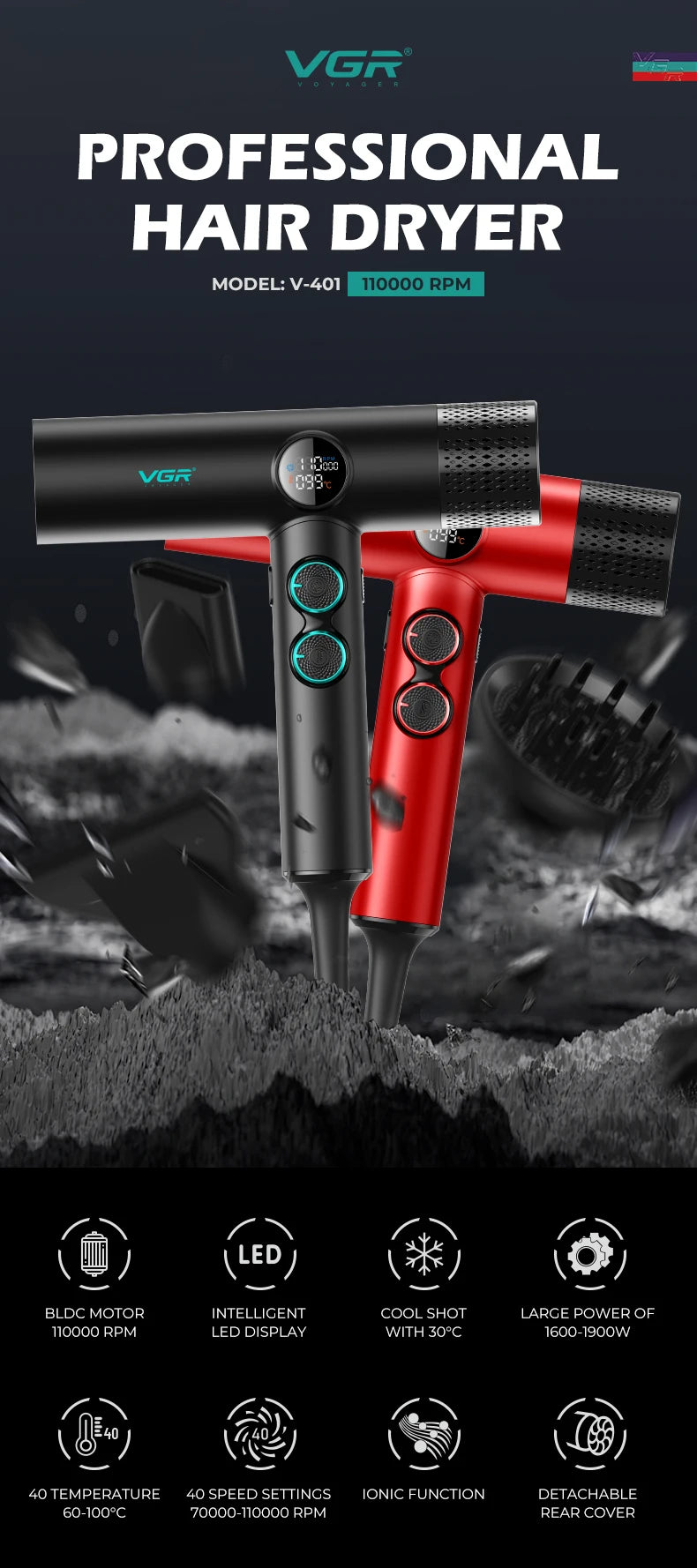 VGR V-401 professional hair dryer with LED display, brushless motor, attachments, in black and red color options.