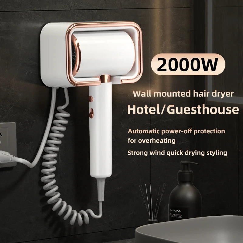 Wall-mounted white and rose gold hair dryer with curly cord, 2000W professional hotel bathroom blow dryer design.