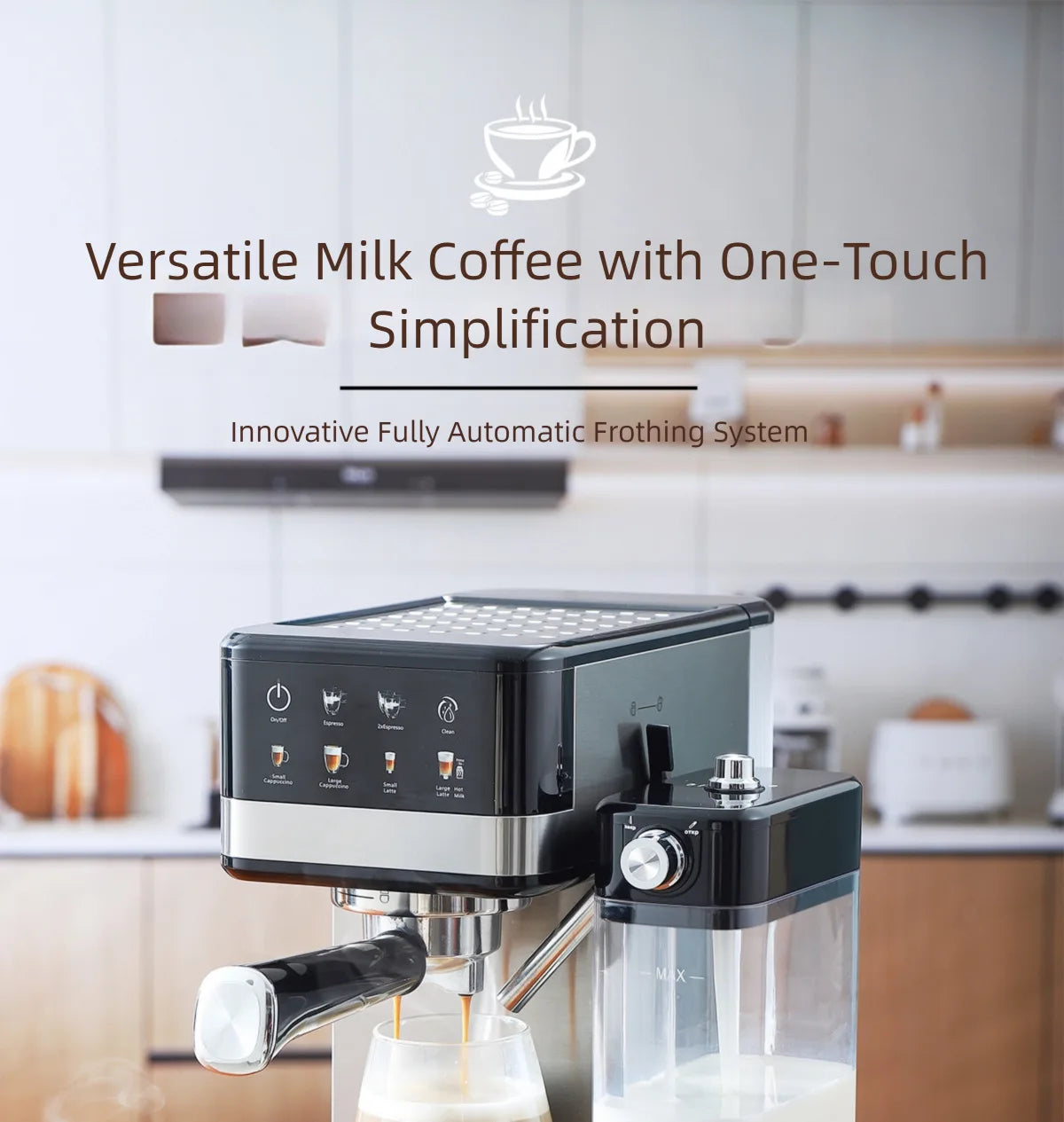 Black and stainless steel fully automatic espresso machine with milk frother and one-touch digital control panel.