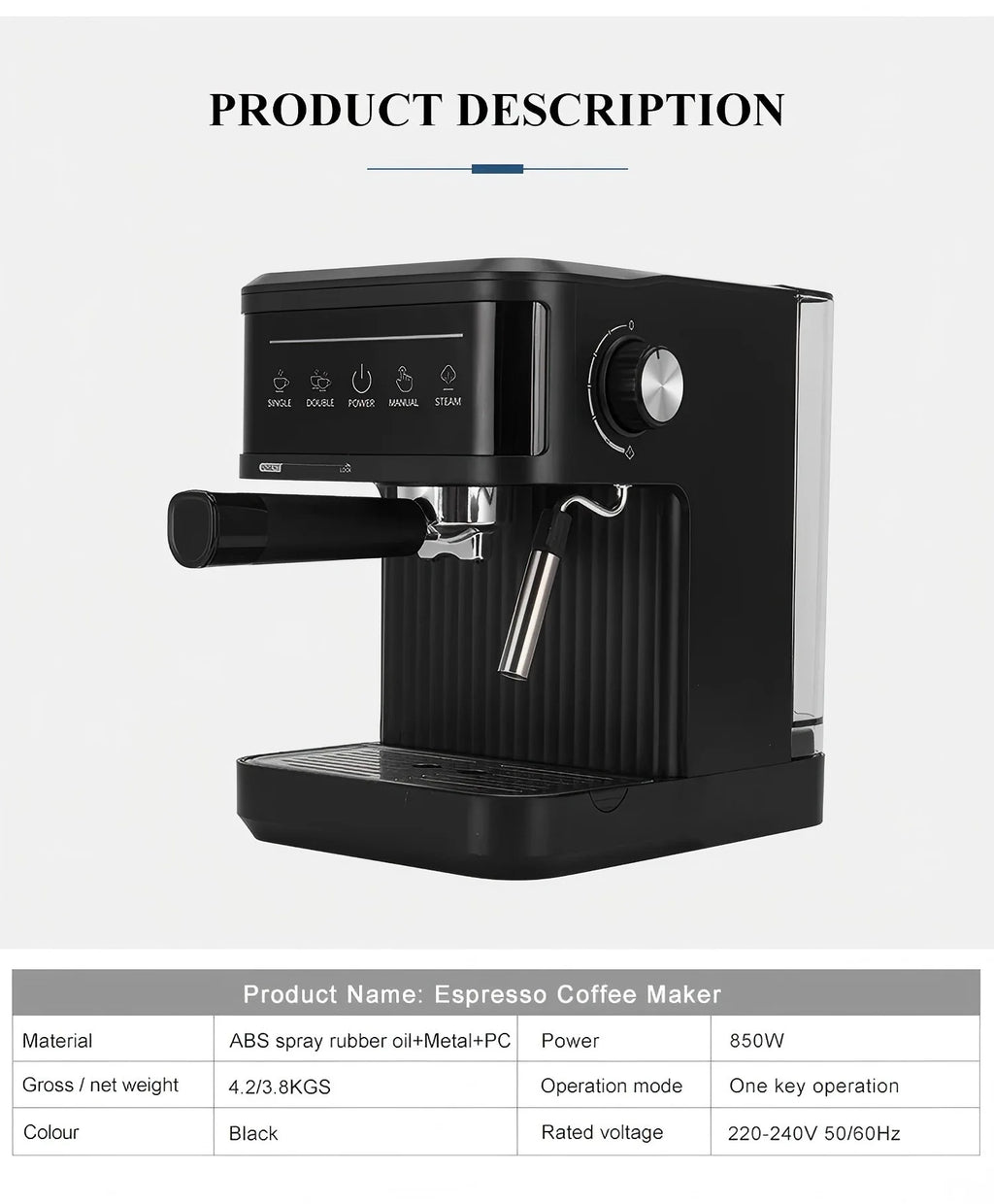 Black 850W espresso coffee maker with steam wand, touch controls, and durable ABS and metal construction.