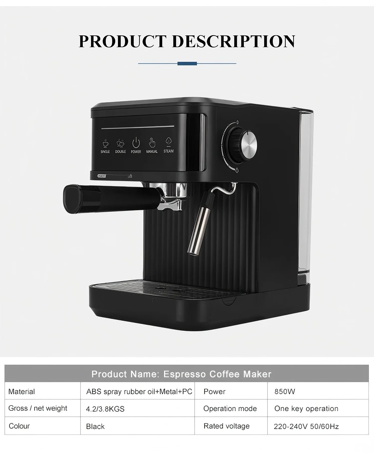 Black 850W espresso coffee maker with steam wand, touch controls, and durable ABS and metal construction.