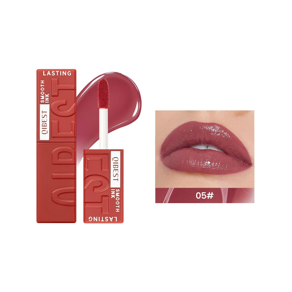 QIBEST watery mirror lip glaze, shade 05, featuring a glossy, long-lasting, waterproof mauve liquid lipstick texture.