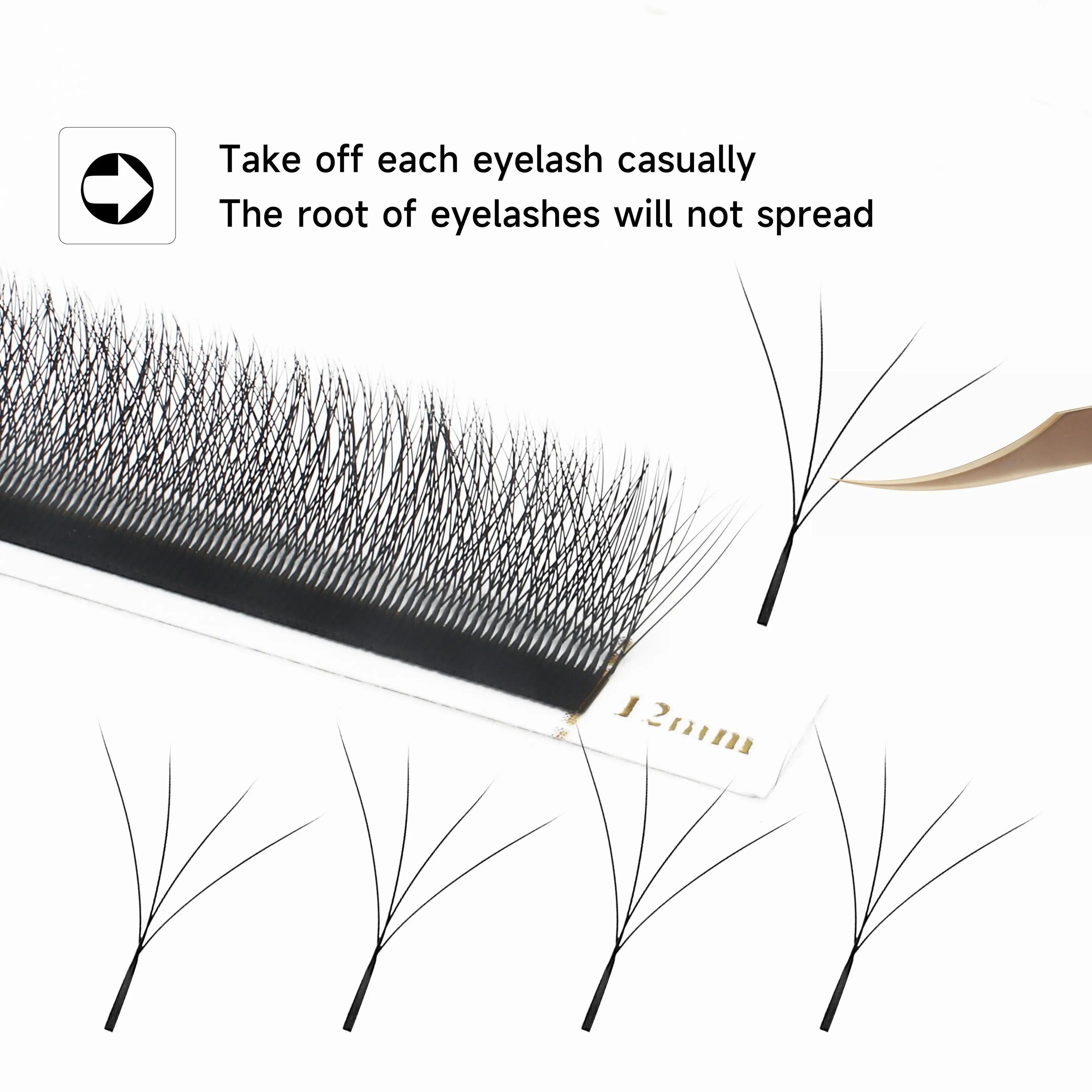 12mm black eyelash extension clusters on a adhesive strip, shown being picked up by tweezers for volume application.