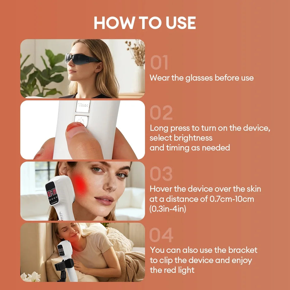 White handheld red light therapy device, showing usage steps with protective glasses and adjustable mounting bracket.