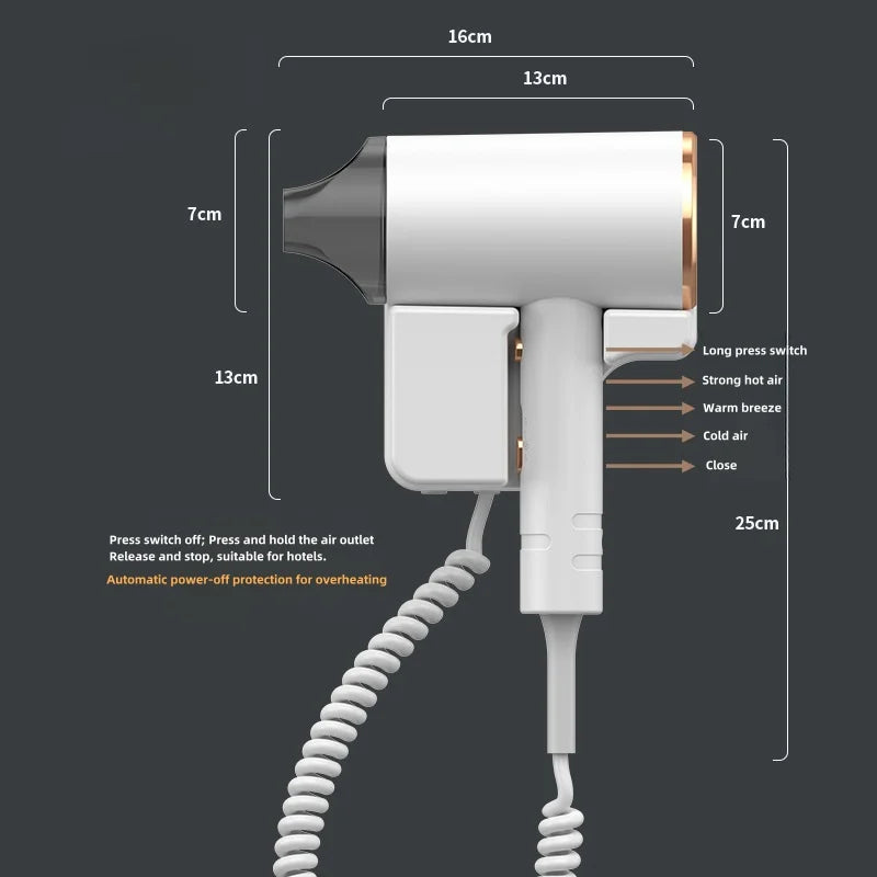 White, wall-mounted hotel hair dryer with nozzle attachment, blue light protection, and coiled cord. 220V, high power.