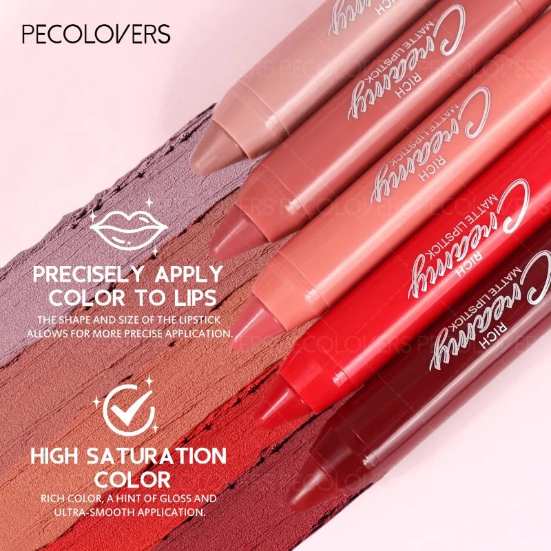 Pecolovers creamy matte lip liner lipstick set with high-saturation colors and smooth texture for precise application.