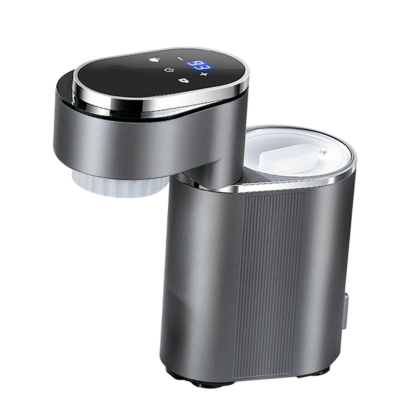 Grey electric portable water dispenser with digital temperature display and touch controls on a white background.
