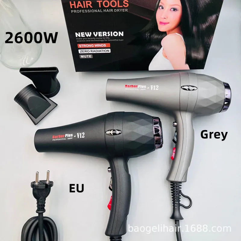 2600W professional hair dryer set in black and grey with concentrator nozzles for quick, salon-style drying at home.