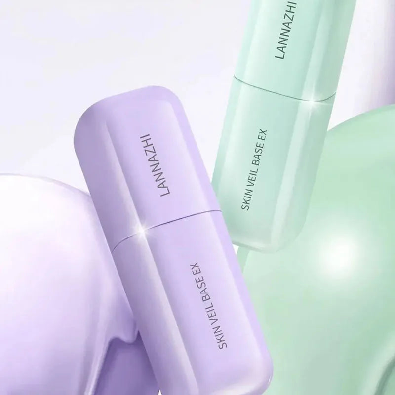 Lannazhi Skin Veil Base EX in pastel purple and mint green packaging, elegant cosmetic bottles for smooth skin makeup.