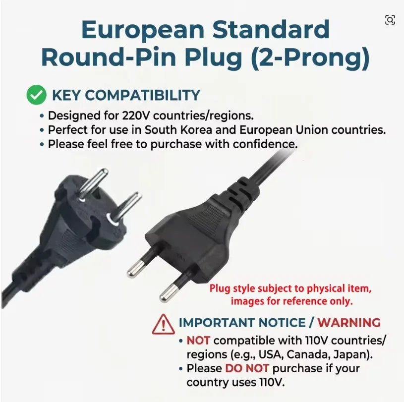 Black 2-prong European standard round-pin plug for 220V hair styler, compatible with EU countries and South Korea.