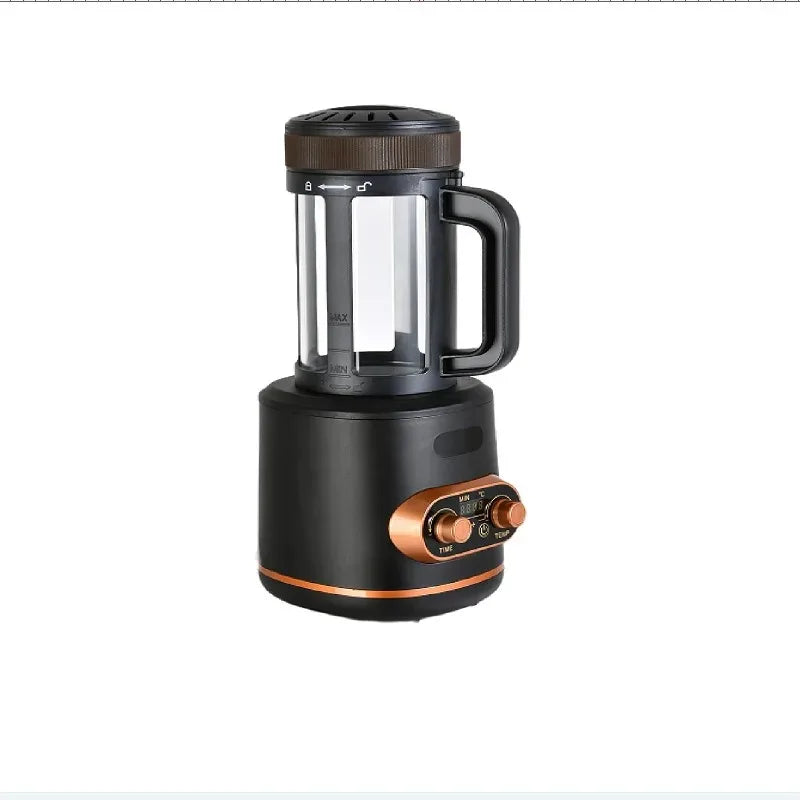 Black electric herbal tea and coffee maker with glass pitcher, digital temperature control, and copper accents.