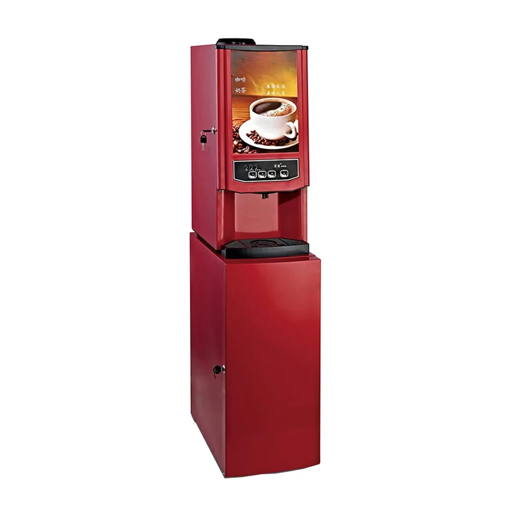 Red commercial coffee and tea vending machine with floor cabinet, digital display, and push-button dispensing.