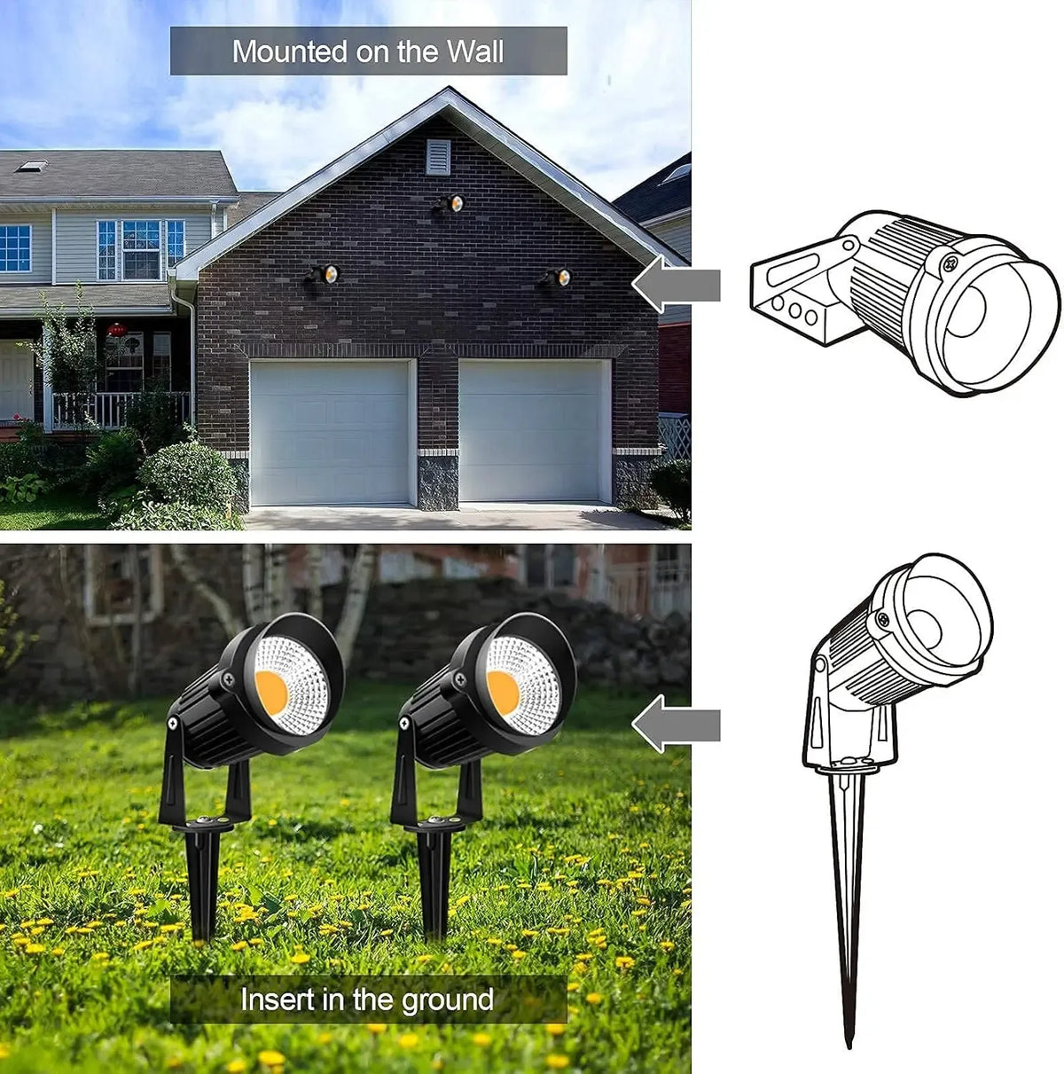 LED landscape spotlight mount options: install on wall bracket or insert into ground