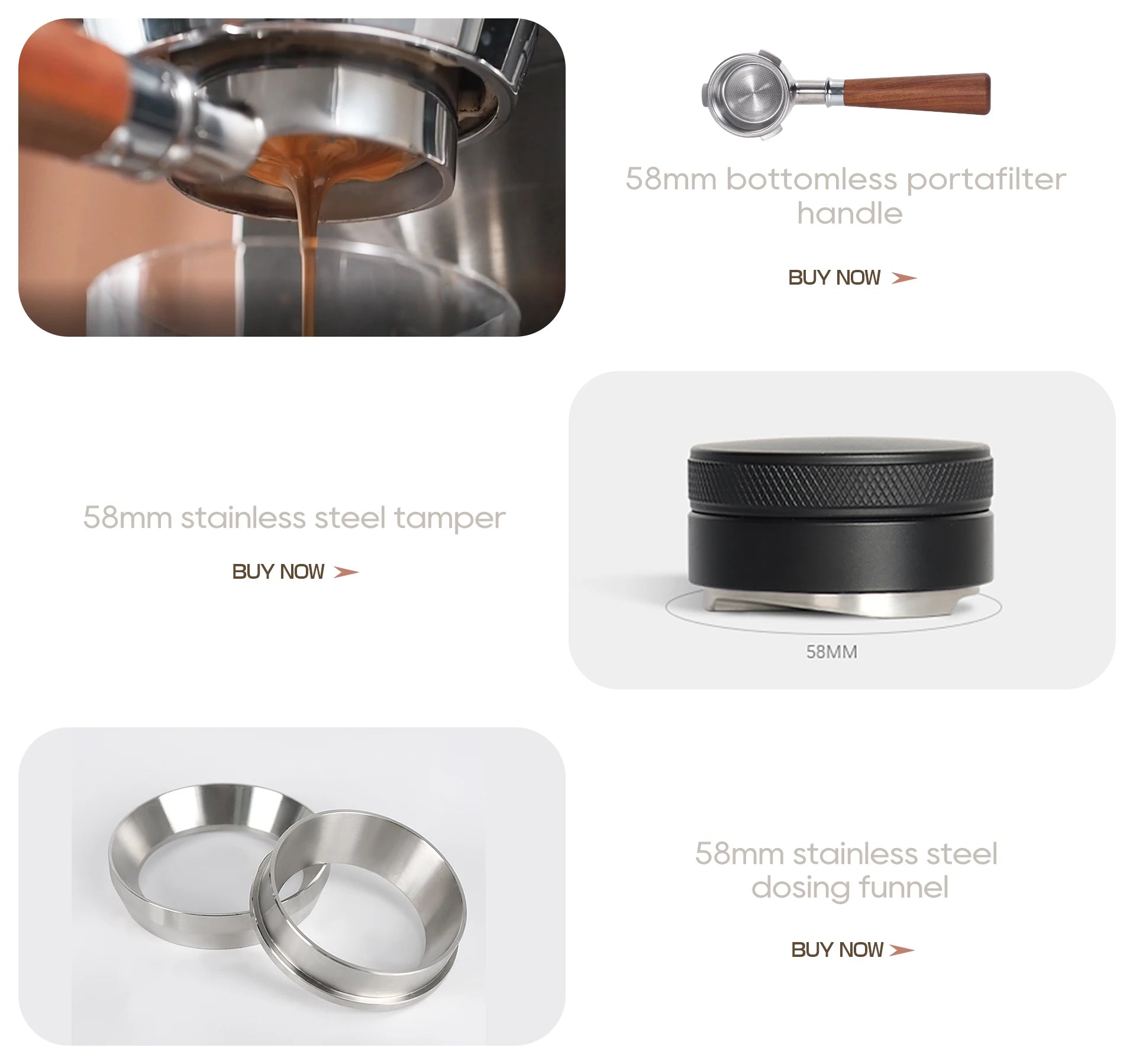 58mm espresso accessories: wooden bottomless portafilter, stainless steel tamper, and stainless steel dosing funnel.