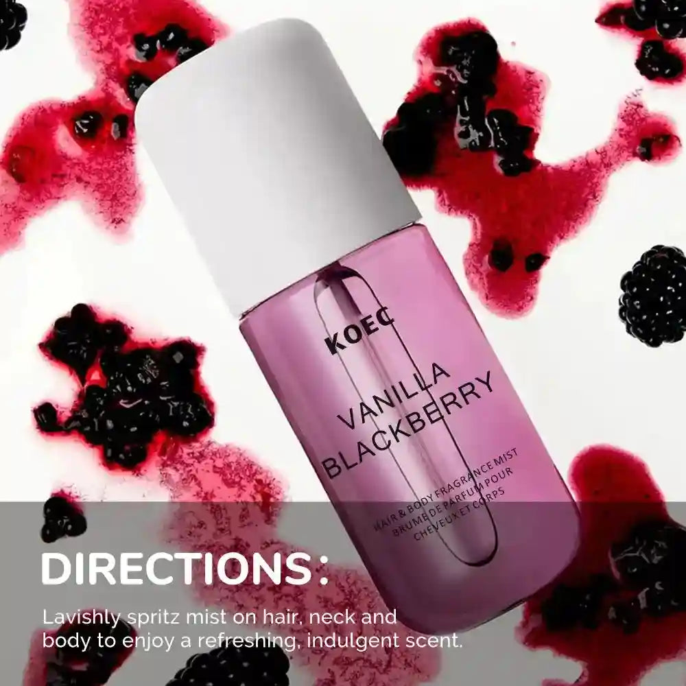 KOEC Vanilla Blackberry 50ml fragrance mist. Refreshing hair & body spray in a sleek cylindrical bottle. Women's scent.