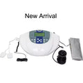 White ionic foot bath detox machine with digital display, ion array, wrist strap, and massage pads for home use.
