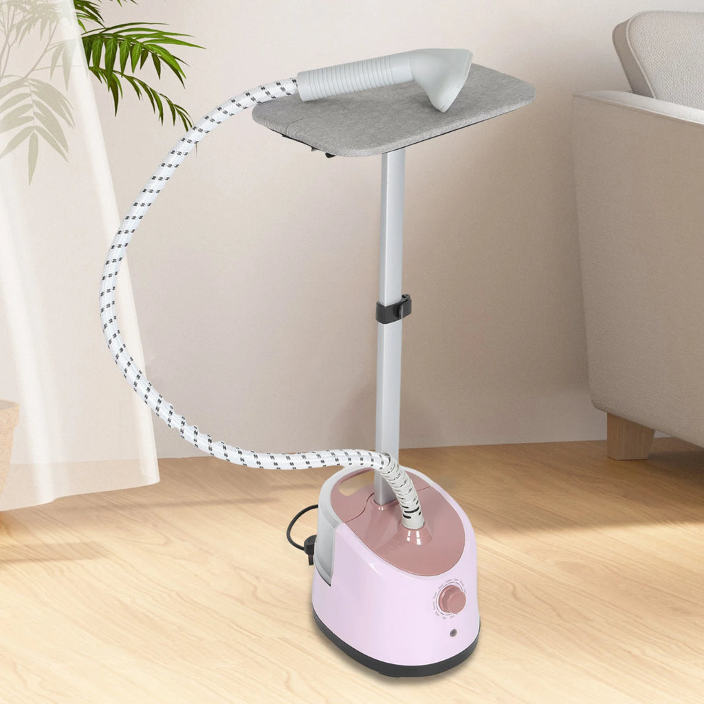 Tidesmit light pink standing garment steamer featuring dual flat and hanging ironing modes for home laundry care