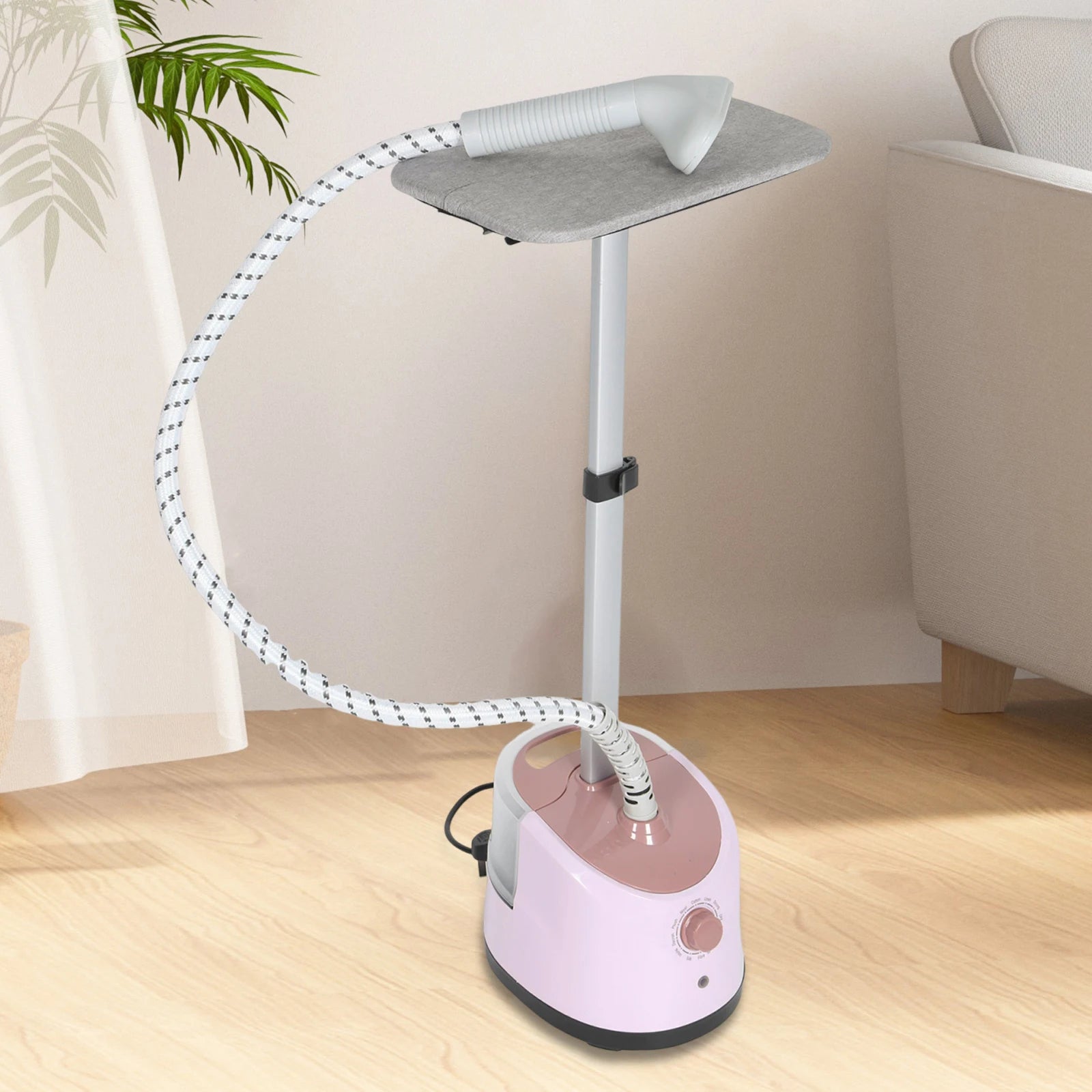Tidesmit light pink standing garment steamer featuring dual flat and hanging ironing modes for home laundry care