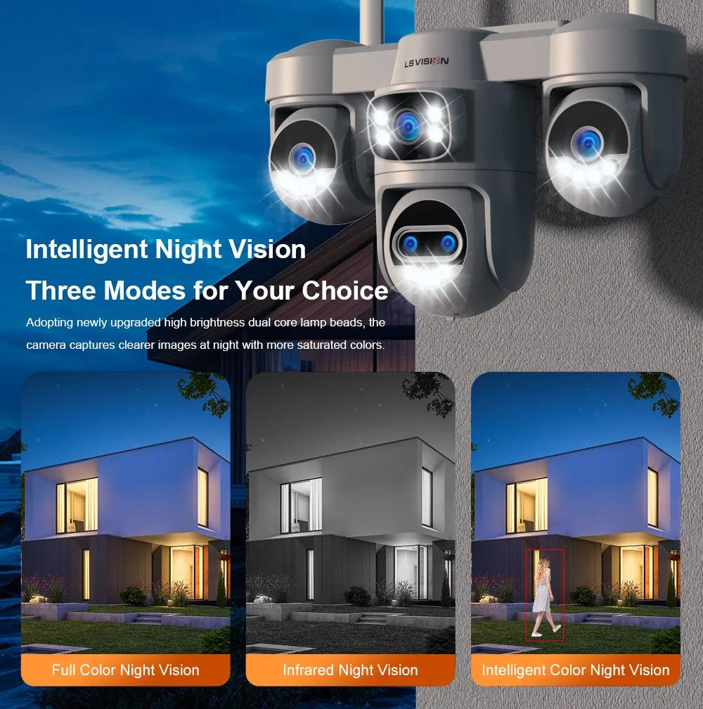 LS VISION 20MP 10X Zoom Three PTZ WiFi Security Camera Outdoor Four Screens 5-Lens Auto Tracking PC Client CCTV Cam Okam Pro App